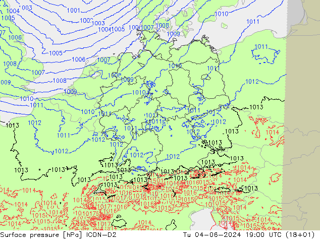 pression de l'air ICON-D2 mar 04.06.2024 19 UTC