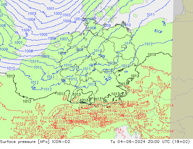 Surface pressure ICON-D2 Tu 04.06.2024 20 UTC