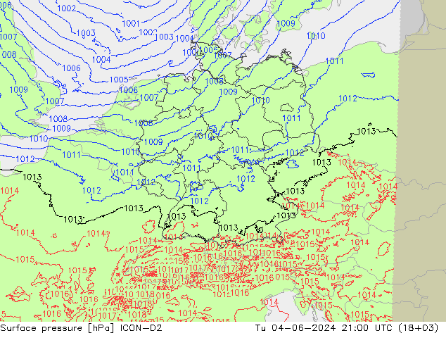 Atmosférický tlak ICON-D2 Út 04.06.2024 21 UTC