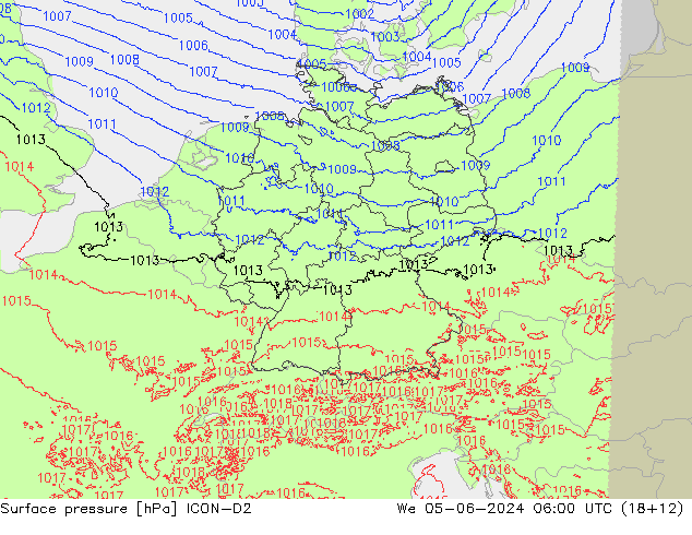 Surface pressure ICON-D2 We 05.06.2024 06 UTC