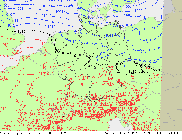 Presión superficial ICON-D2 mié 05.06.2024 12 UTC