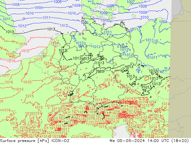 pression de l'air ICON-D2 mer 05.06.2024 14 UTC