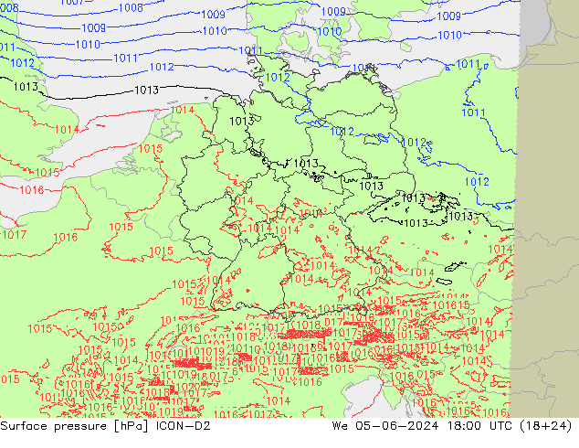 Surface pressure ICON-D2 We 05.06.2024 18 UTC