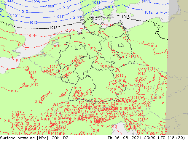 Pressione al suolo ICON-D2 gio 06.06.2024 00 UTC