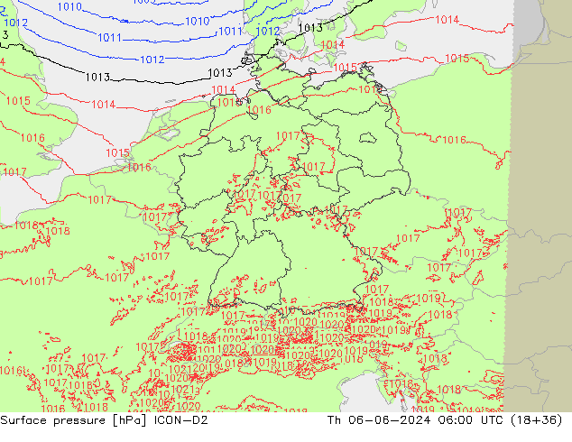 Pressione al suolo ICON-D2 gio 06.06.2024 06 UTC