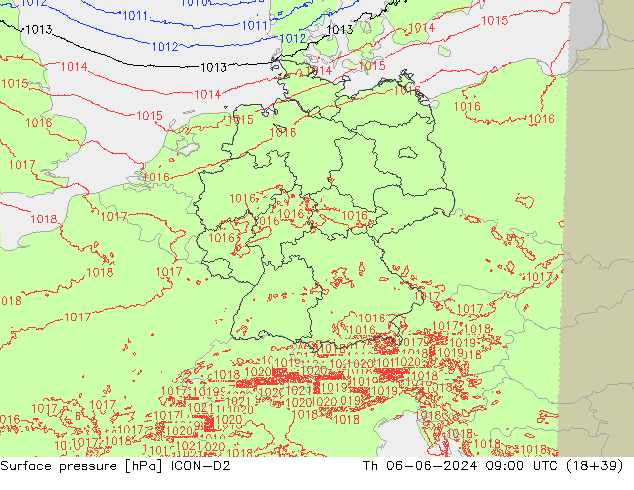 Pressione al suolo ICON-D2 gio 06.06.2024 09 UTC