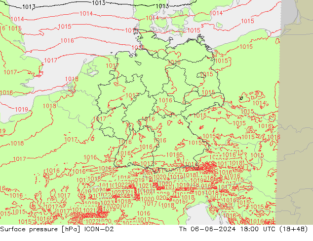 Atmosférický tlak ICON-D2 Čt 06.06.2024 18 UTC