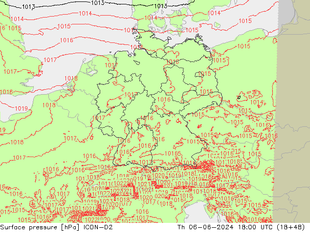 Surface pressure ICON-D2 Th 06.06.2024 18 UTC