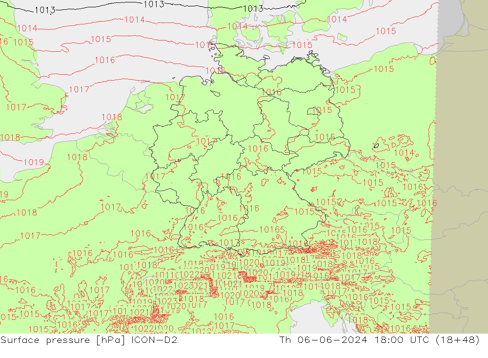 Surface pressure ICON-D2 Th 06.06.2024 18 UTC