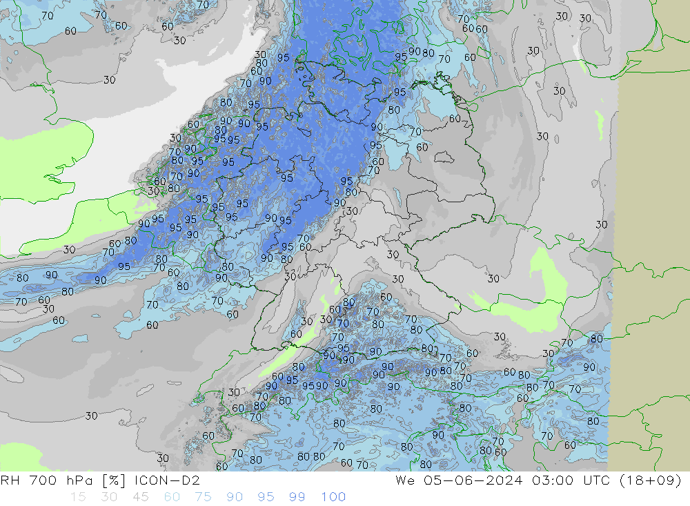 Humidité rel. 700 hPa ICON-D2 mer 05.06.2024 03 UTC