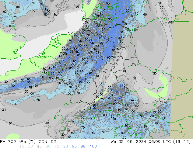 Humidité rel. 700 hPa ICON-D2 mer 05.06.2024 06 UTC
