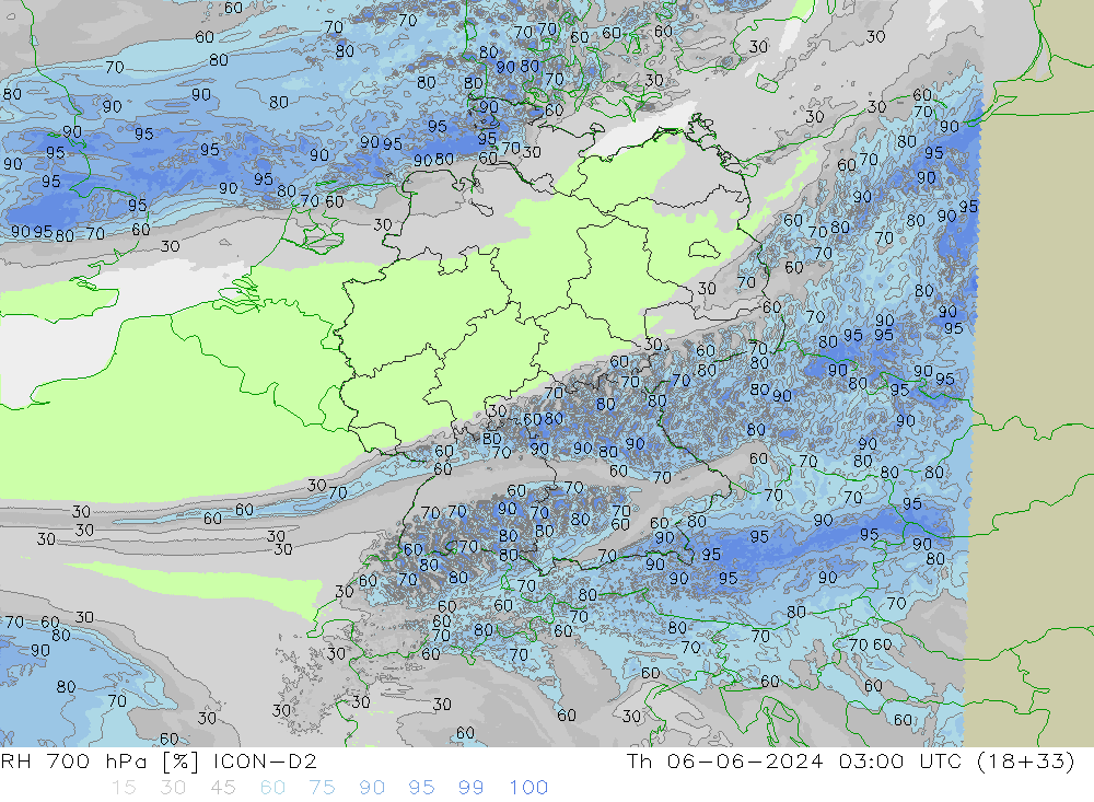 RH 700 hPa ICON-D2 Th 06.06.2024 03 UTC