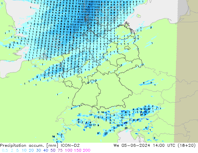 Precipitation accum. ICON-D2 Qua 05.06.2024 14 UTC