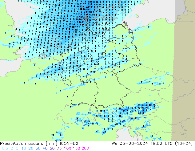 Totale neerslag ICON-D2 wo 05.06.2024 18 UTC