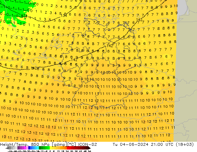 Height/Temp. 850 hPa ICON-D2 Di 04.06.2024 21 UTC