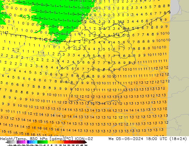 Height/Temp. 850 hPa ICON-D2 We 05.06.2024 18 UTC