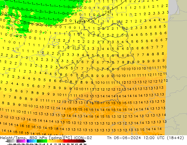 Height/Temp. 850 hPa ICON-D2 Čt 06.06.2024 12 UTC