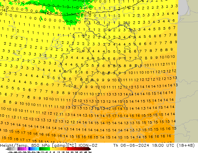 Height/Temp. 850 hPa ICON-D2 czw. 06.06.2024 18 UTC