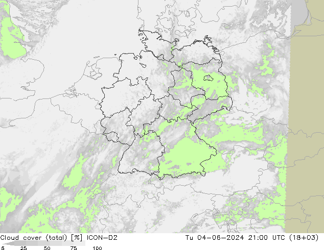 Cloud cover (total) ICON-D2 Tu 04.06.2024 21 UTC