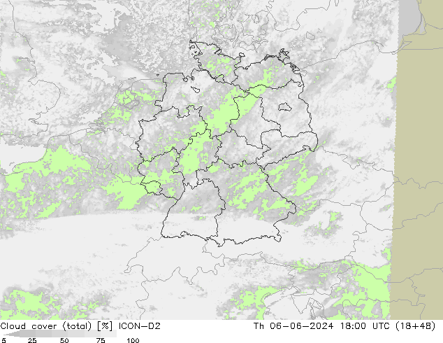 Cloud cover (total) ICON-D2 Th 06.06.2024 18 UTC