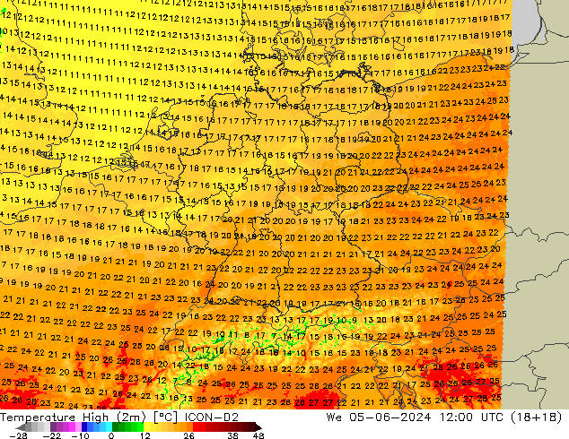 temperatura máx. (2m) ICON-D2 Qua 05.06.2024 12 UTC