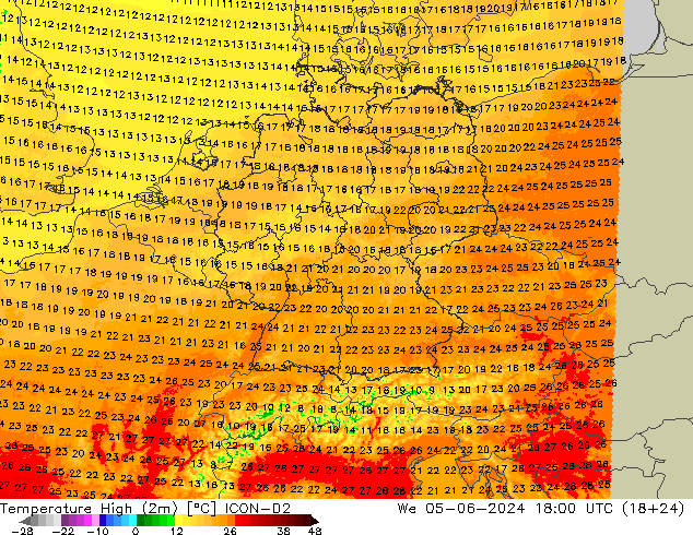 Temperature High (2m) ICON-D2 We 05.06.2024 18 UTC