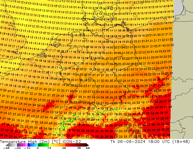 Nejvyšší teplota (2m) ICON-D2 Čt 06.06.2024 18 UTC