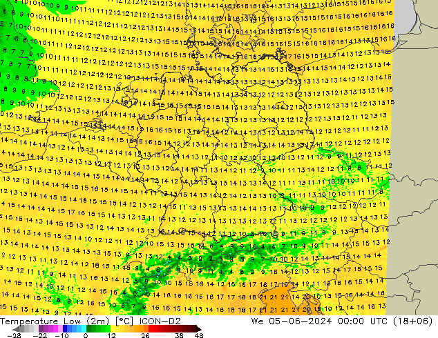 Min.temperatuur (2m) ICON-D2 wo 05.06.2024 00 UTC