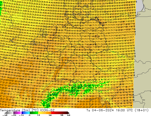 Temperature (2m) ICON-D2 Tu 04.06.2024 19 UTC