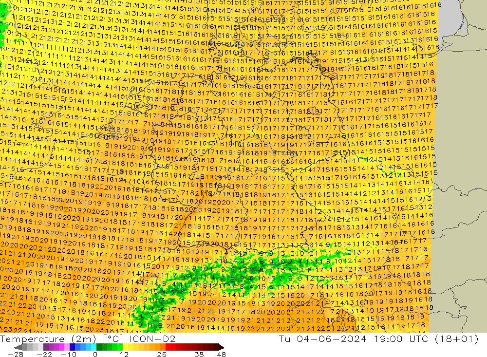 Temperature (2m) ICON-D2 Út 04.06.2024 19 UTC