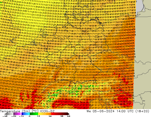 Temperaturkarte (2m) ICON-D2 Mi 05.06.2024 14 UTC