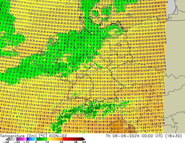 Temperatura (2m) ICON-D2 gio 06.06.2024 00 UTC