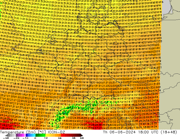 mapa temperatury (2m) ICON-D2 czw. 06.06.2024 18 UTC