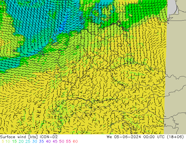 Viento 10 m ICON-D2 mié 05.06.2024 00 UTC