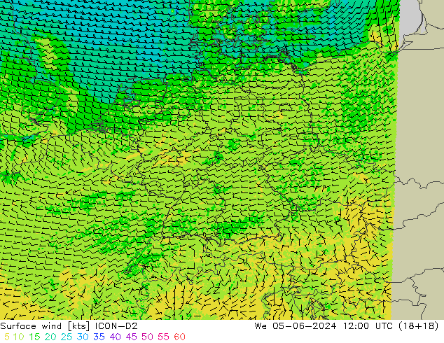 Surface wind ICON-D2 We 05.06.2024 12 UTC