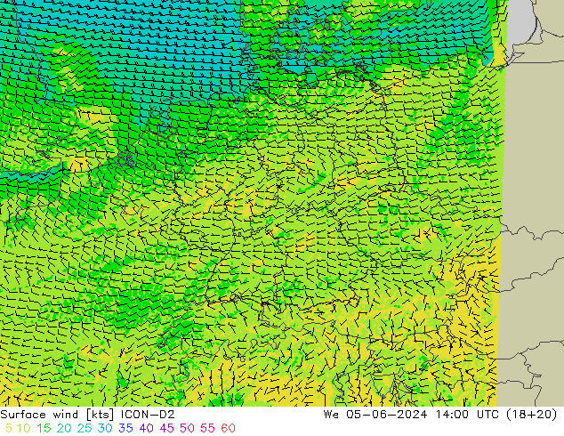 wiatr 10 m ICON-D2 śro. 05.06.2024 14 UTC