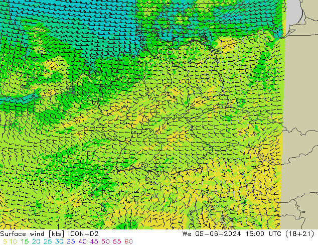 Vento 10 m ICON-D2 mer 05.06.2024 15 UTC