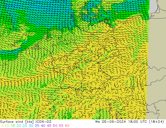 Wind 10 m ICON-D2 wo 05.06.2024 18 UTC