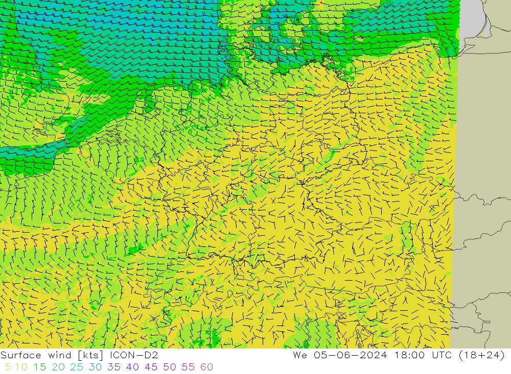 Rüzgar 10 m ICON-D2 Çar 05.06.2024 18 UTC