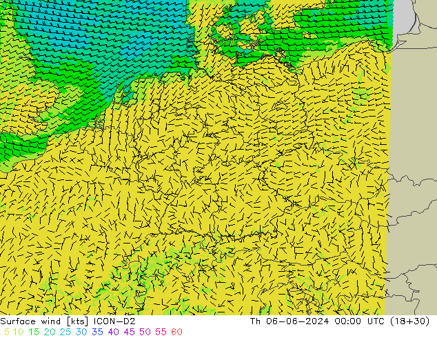 Surface wind ICON-D2 Th 06.06.2024 00 UTC