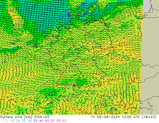 Wind 10 m ICON-D2 do 06.06.2024 12 UTC