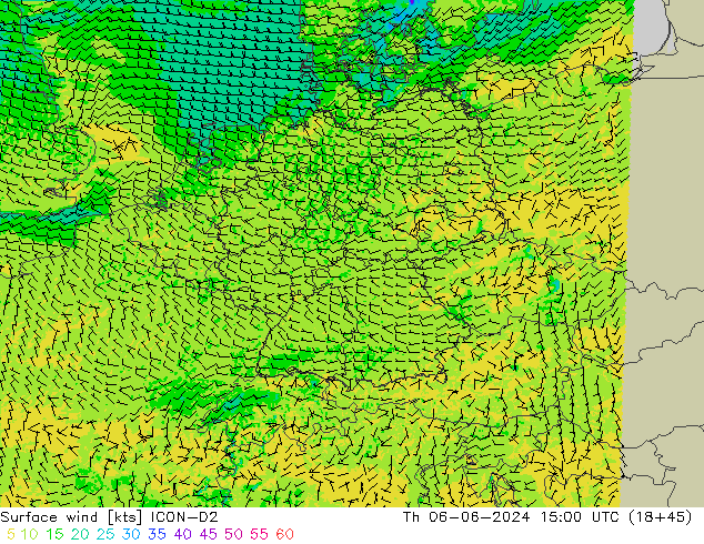 Surface wind ICON-D2 Th 06.06.2024 15 UTC