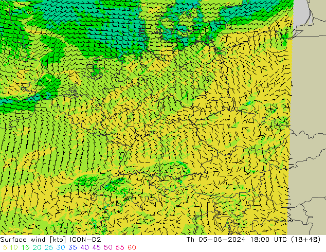 Surface wind ICON-D2 Čt 06.06.2024 18 UTC