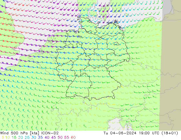 Wind 500 hPa ICON-D2 Út 04.06.2024 19 UTC