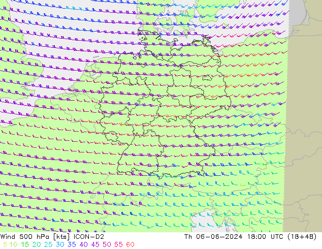 Vento 500 hPa ICON-D2 Qui 06.06.2024 18 UTC