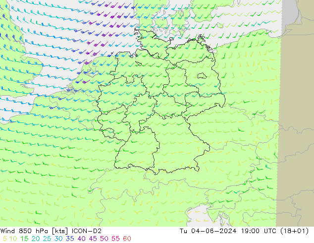 Wind 850 hPa ICON-D2 Tu 04.06.2024 19 UTC