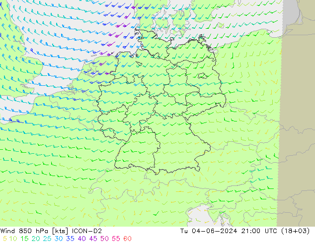 Viento 850 hPa ICON-D2 mar 04.06.2024 21 UTC