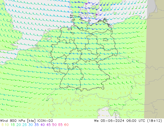 Wind 850 hPa ICON-D2 St 05.06.2024 06 UTC