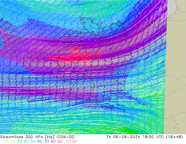Streamlines 300 hPa ICON-D2 Čt 06.06.2024 18 UTC