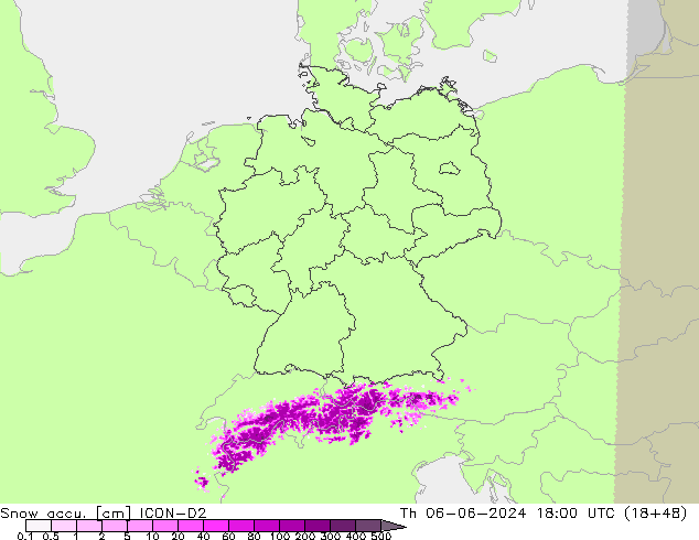 Глубина снега ICON-D2 чт 06.06.2024 18 UTC